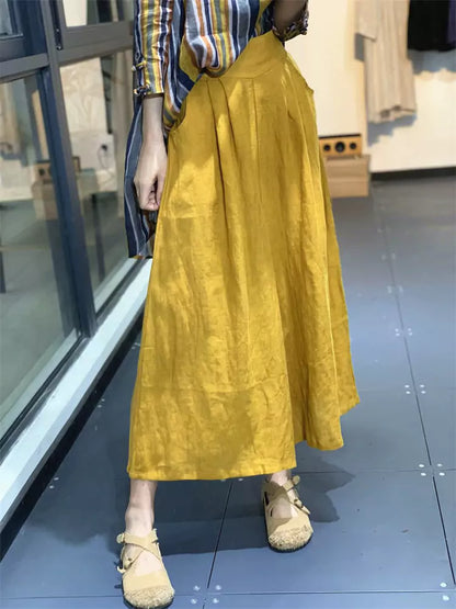 Artistic Minimalist Solid Color Pleated Culottes – Loose Fit Linen Wide-Leg Pants for Women