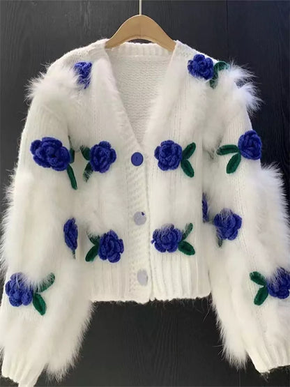 Cárdigan de crochet con rosas 3D y detalles florales peludos para mujer