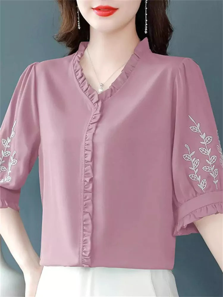 Elegant Plus Size Embroidered Ruffle Trim Loose Fit Chiffon Blouse with 3/4 Sleeves for Women