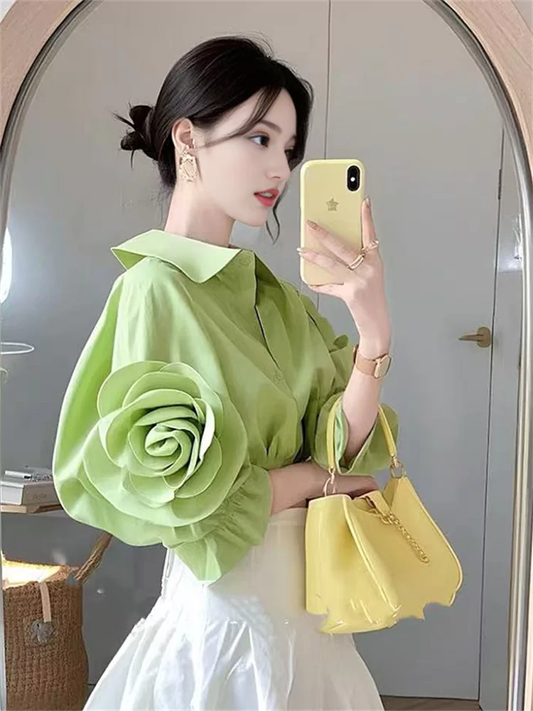 Chic High-End Green Short Sleeve Shirt with 3D Floral Design for Women