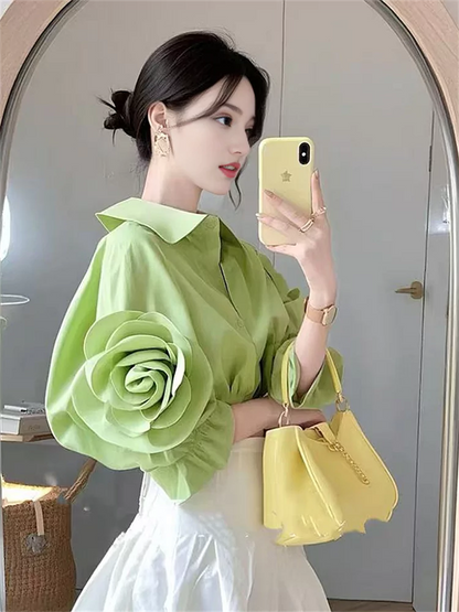 Elegantes, hochwertiges grünes Kurzarmhemd mit 3D-Blumenmuster für Damen