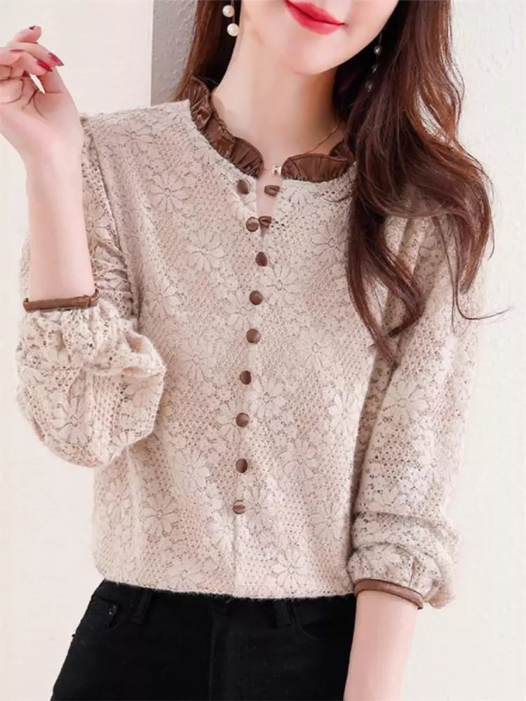 Elegante camisa de jacquard de manga larga estilo francés con cuello con volantes para mujer