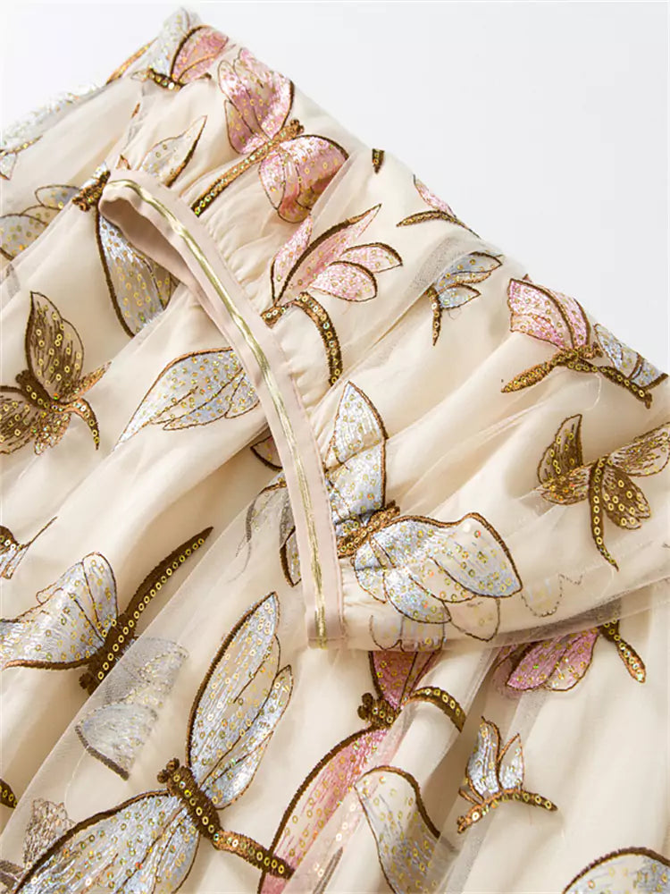 Fashion Sequin & Butterfly Embroidered Tulle Midi A-Line Skirt for Women