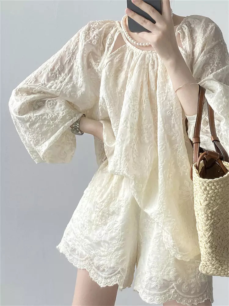 Conjunto de dos piezas de encaje blanco bordado estilo francés para mujer