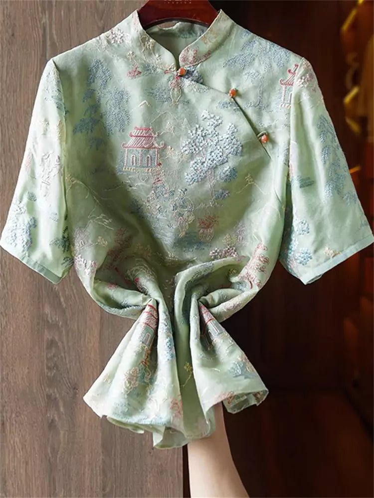 Grüne Vintage-Bluse aus Seide im chinesischen Stil mit diagonaler Knopfleiste und Stickerei für Damen