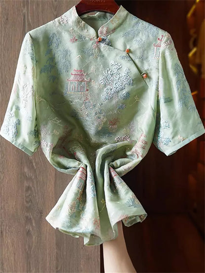 Grüne Vintage-Bluse aus Seide im chinesischen Stil mit diagonaler Knopfleiste und Stickerei für Damen