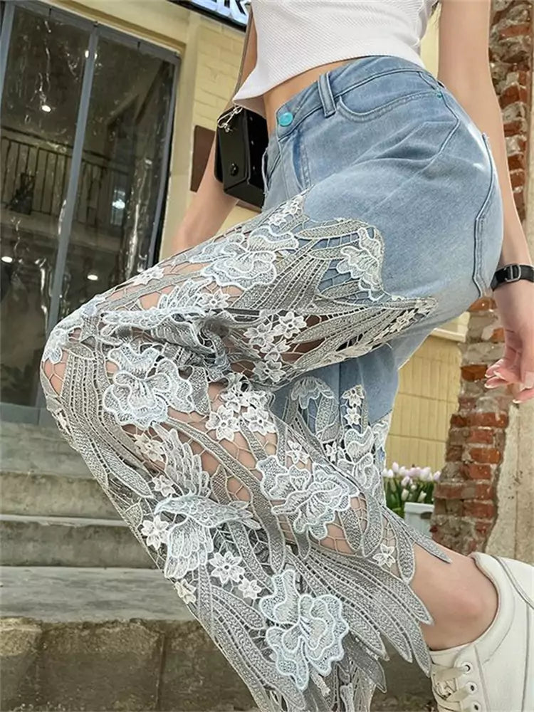 Vintage Straight Leg Denim Pants with Unique Lace Patchwork for Women