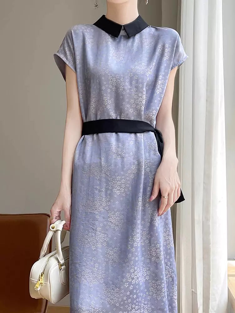 Acetate Satin Printed Midi Dress with Doll Collar and Waist Tie for Women