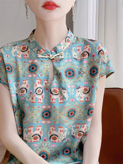 Vintage Chinese Style Jacquard Satin Short Sleeve Loose Blouse for Women