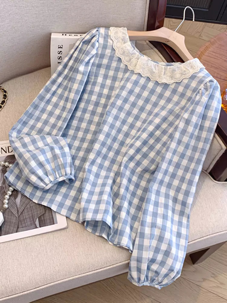 French Style Long Sleeve Plaid Shirt with Lace Trim for Women