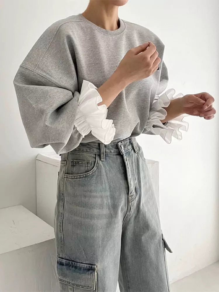 Chic Vintage Round Neck Patchwork Balloon Sleeve Loose Letter Embroidered Sweatshirt for Women