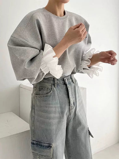 Chic Vintage Round Neck Patchwork Balloon Sleeve Loose Letter Embroidered Sweatshirt for Women