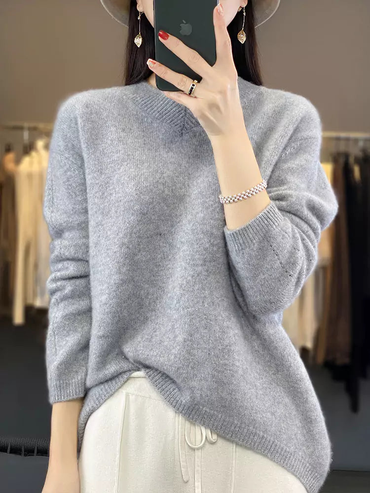 Women’s Camel V-Neck Wool Sweater with High-Low Hem in Loose Thickened Cozy Style