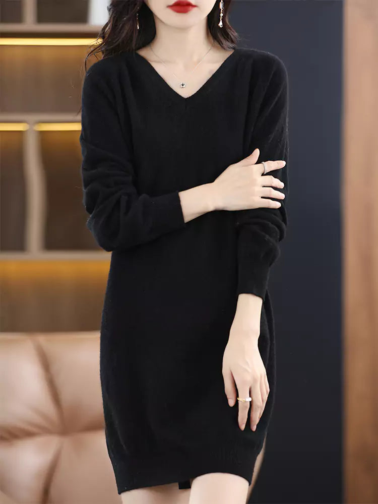 Grüner Damen-Wollpullover mit V-Ausschnitt, lockerer Passform und mittellangem, figurbetontem Design