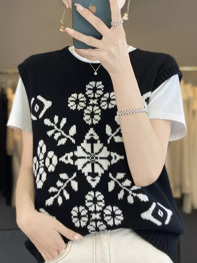 Colorblock Floral Round Neck Wool Vest for Women in Loose Casual Style