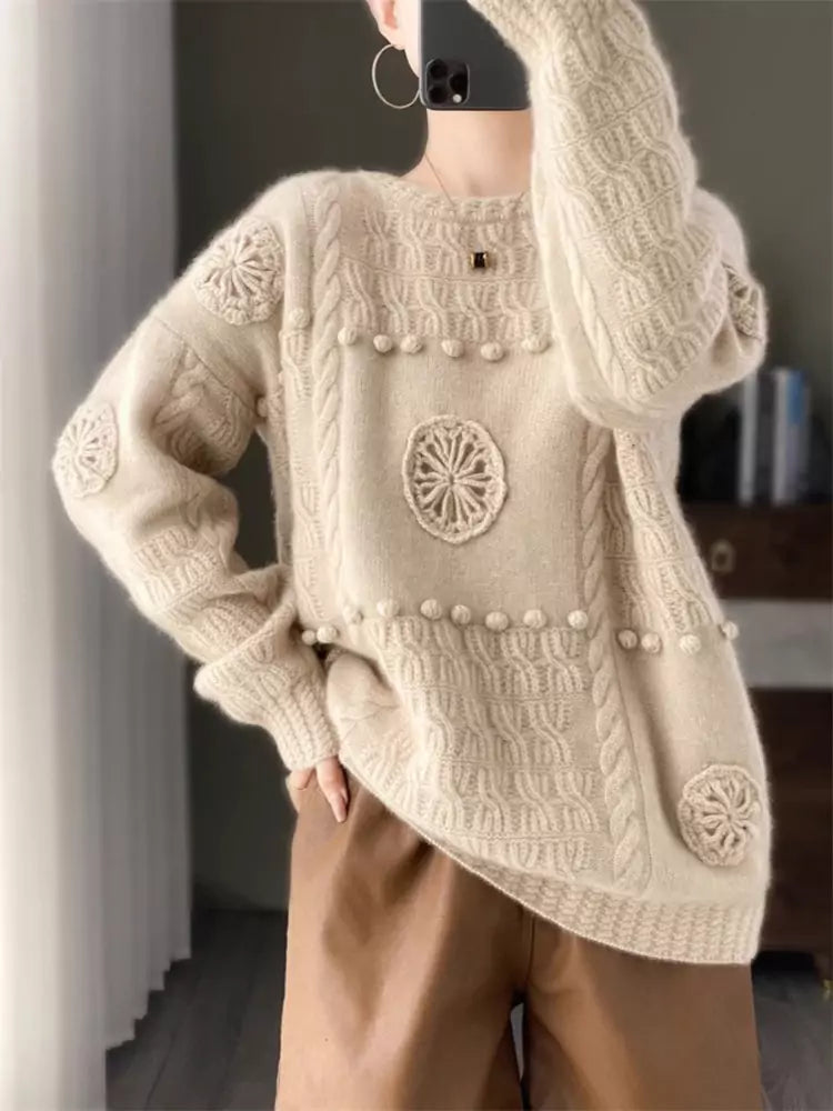 Vintage Round Neck Pullover Wool Sweater for Women with 3D Floral Embroidery