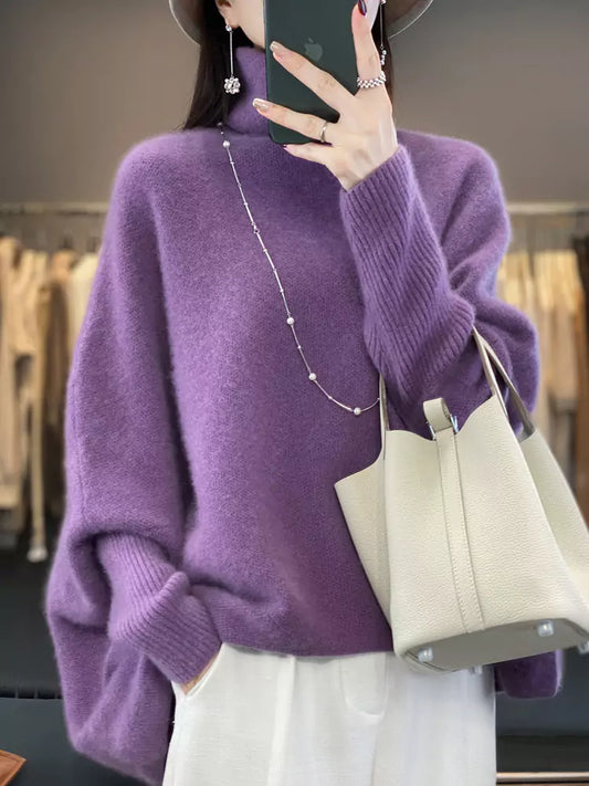 High Collar Purple Thick Pullover Wool Batwing Sweater for Women in Loose Cozy Style