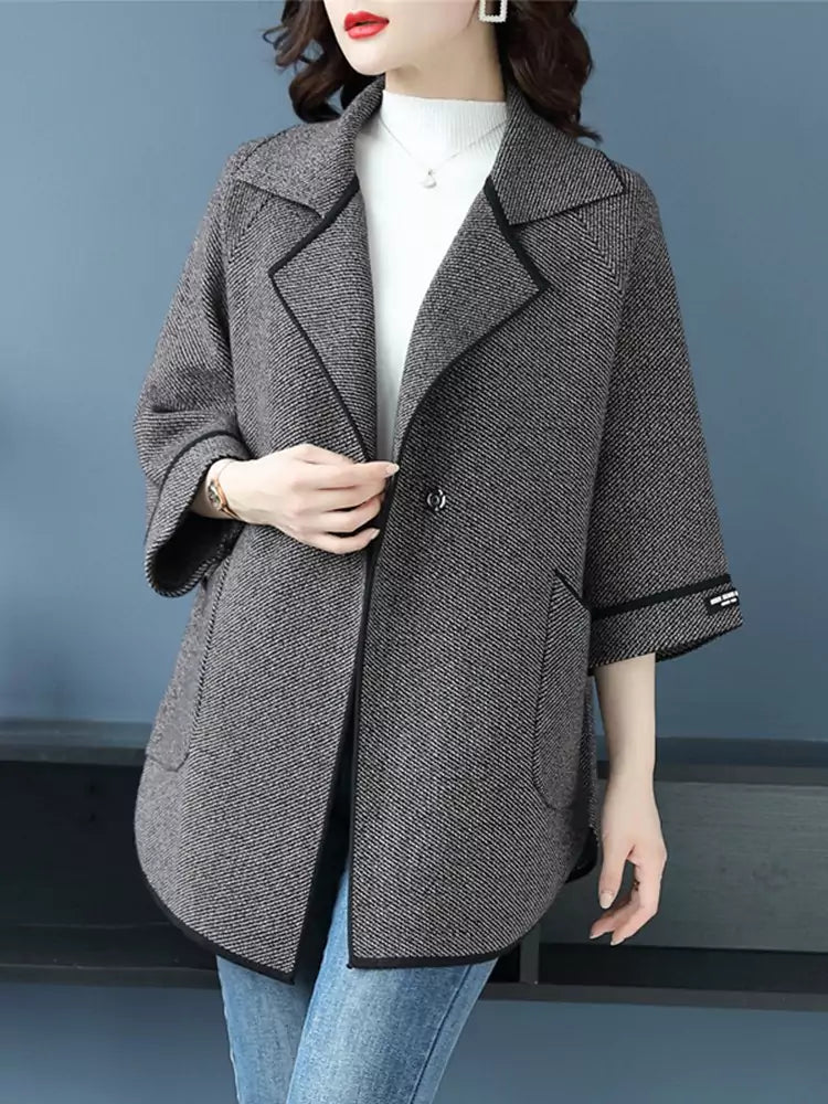 Plus Size Loose Knit Cardigan for Women with Notched Collar and 3/4 Sleeves