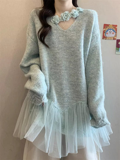 Suéter de punto morado con cuello en V y cuello halter para mujer, talla grande, con parches de malla floral 3D