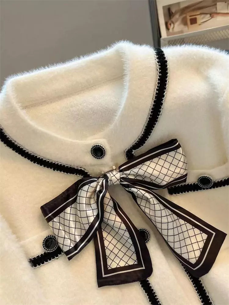 Cárdigan de punto de lana de visón sintético blanco de moda para mujer con detalle de lazo