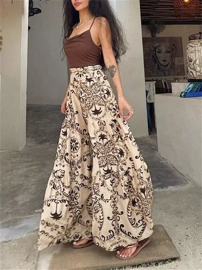 Pantalones anchos elegantes de estilo bohemio con estampado marrón para mujer, talla grande
