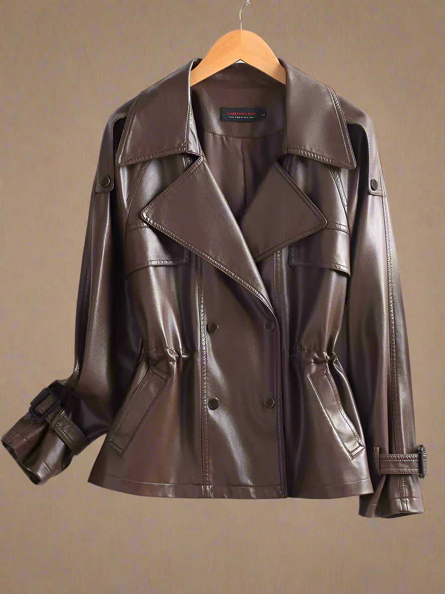 Brown leather jacket on a hanger against a white background