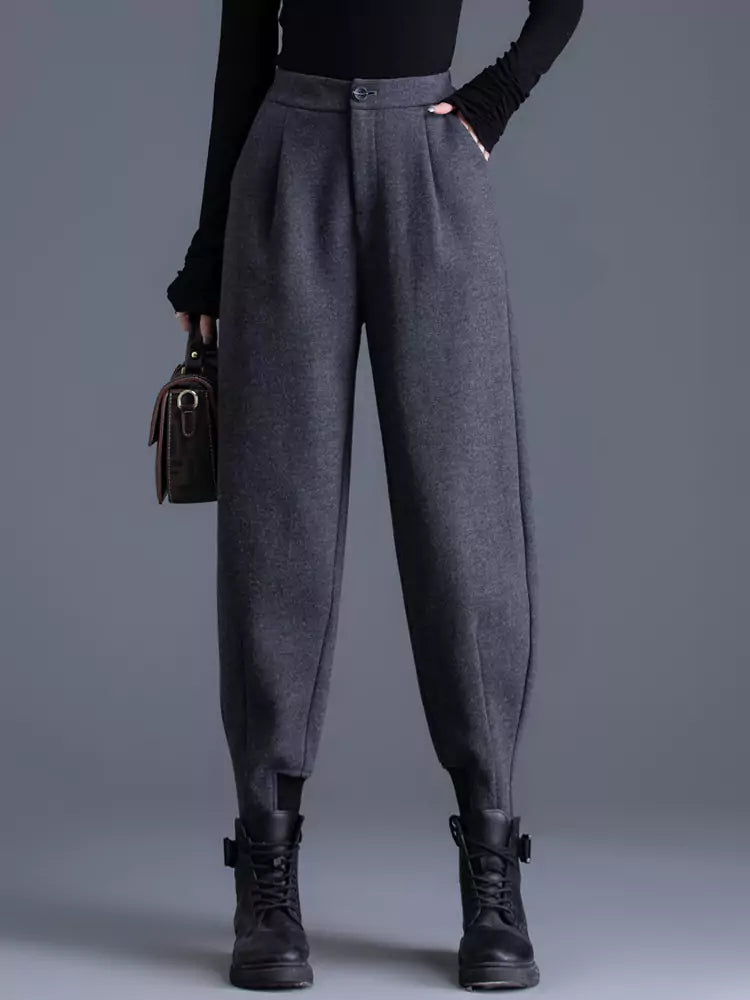 Pantalones harén grises de mezcla de lana para mujer