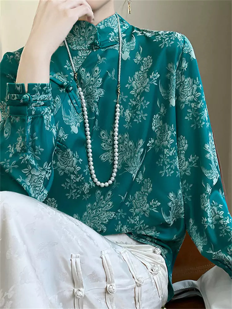 New Chinese Style Turquoise Green Jacquard Satin Blouse for Women