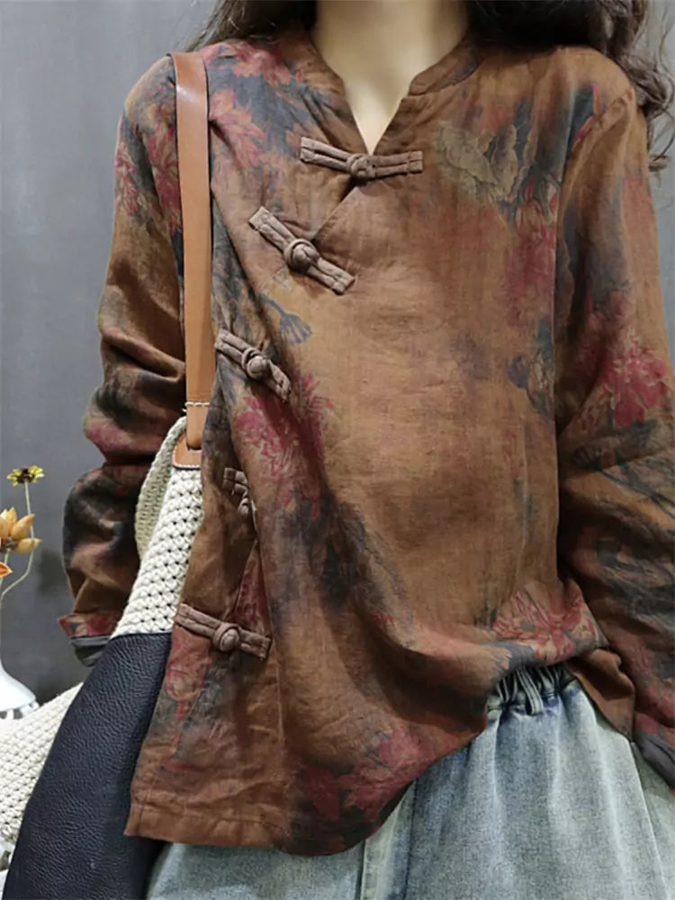 Vintage-Hemd im chinesischen Stil aus Baumwoll-Leinen mit schrägem Kragen für Damen