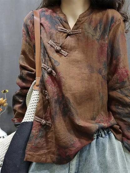 Vintage-Hemd im chinesischen Stil aus Baumwoll-Leinen mit schrägem Kragen für Damen