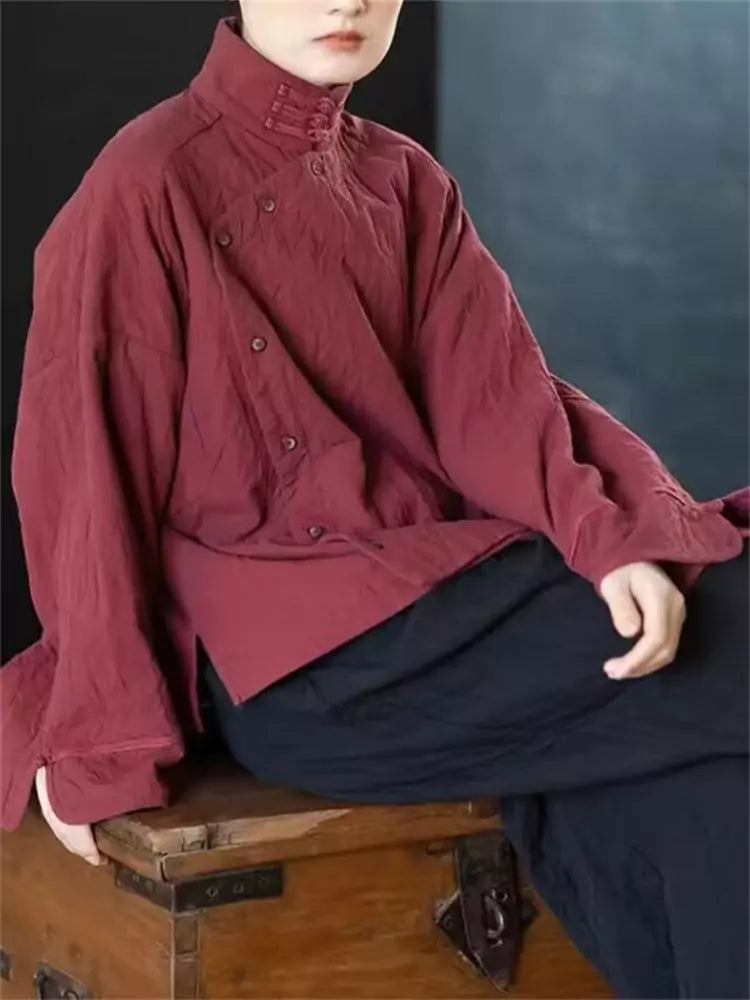 Nueva blusa con botones de rana roja estilo chino para mujer