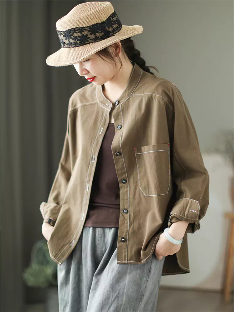 Vintage-grünes, langärmeliges, locker sitzendes Baumwollhemd mit Kontrastnähten und kontrastierenden Ziernähten für Damen