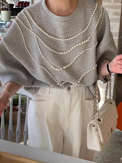 Aprikosenfarbenes, perlenbesetztes Kurzarm-T-Shirt für Damen