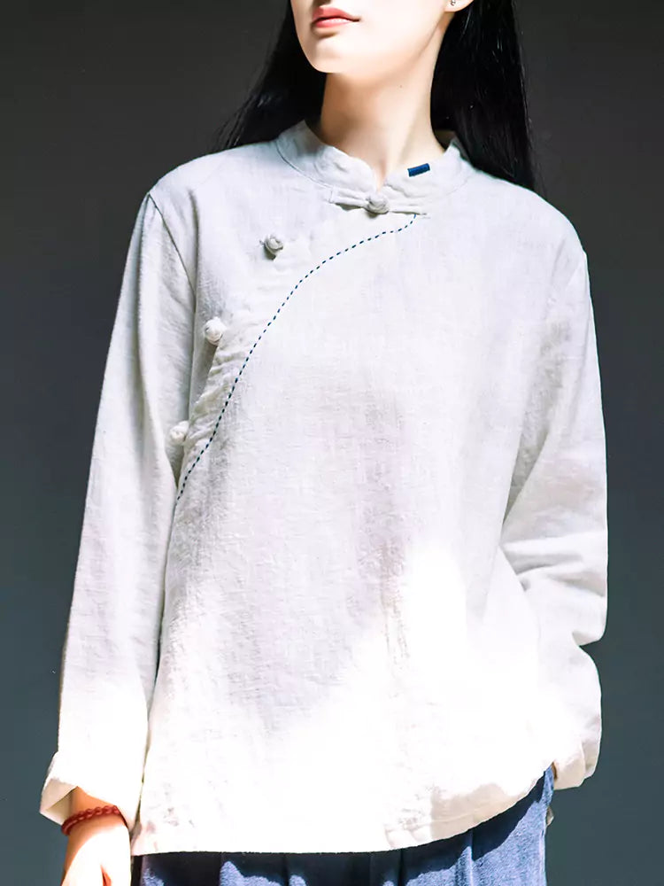Women’s Vintage Linen Mandarin Collar Shirt – Chinese Style Buttoned Blouse