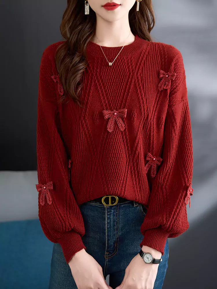 Damen-Strickpullover mit roter Schleife – Kurzer Pullover für Herbst und Winter
