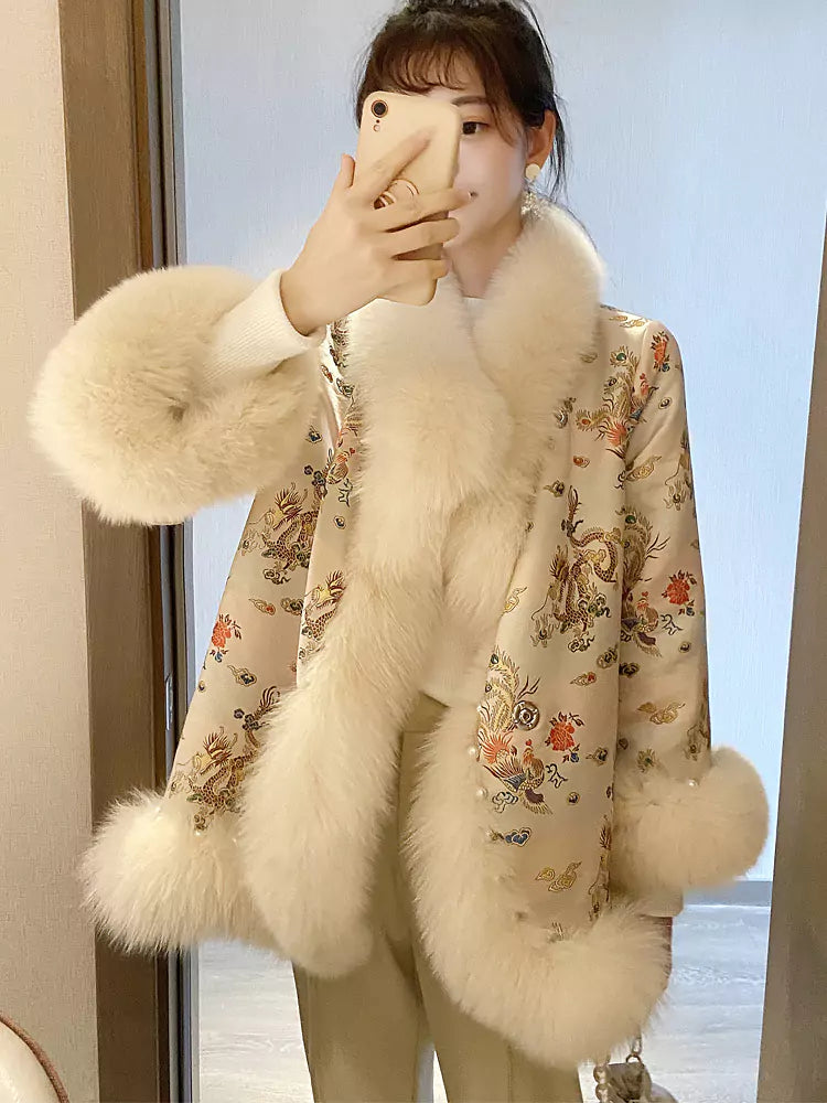 Chinesischer bestickter Cape-Mantel aus Kunstpelz für Damen