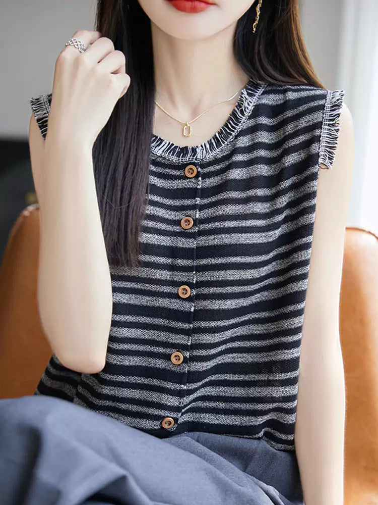 Striped Short Sleeve Ice Silk Knit T-Shirt for Women