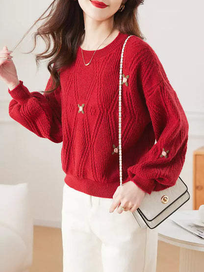Suéter rojo bordado para mujer: jersey corto de punto para otoño e invierno
