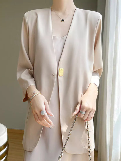 Schwarzer Damen-Satinblazer mit V-Ausschnitt – Figurformende Jacke mit 3/4-Ärmeln