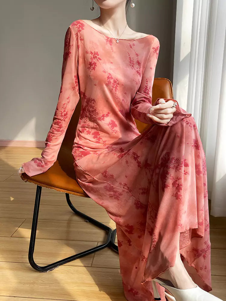 Vestido largo vintage de malla flocada para mujer