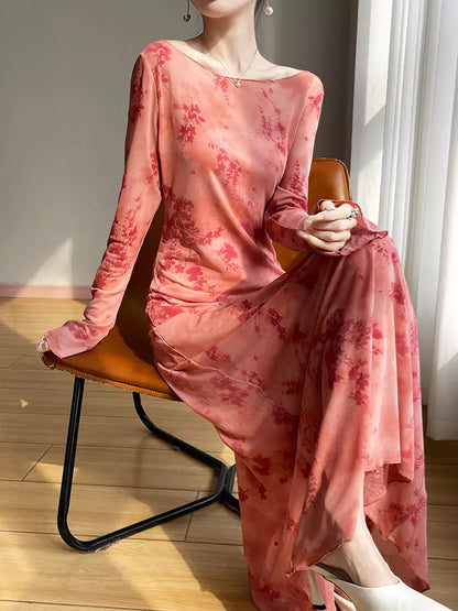 Vintage langes Damenkleid aus Mesh-Flock