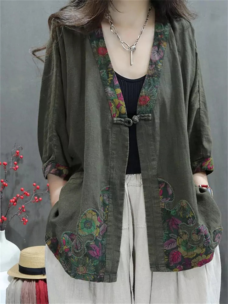 Women’s Vintage Printed Linen Blouse – Loose Fit Casual Buttoned Top
