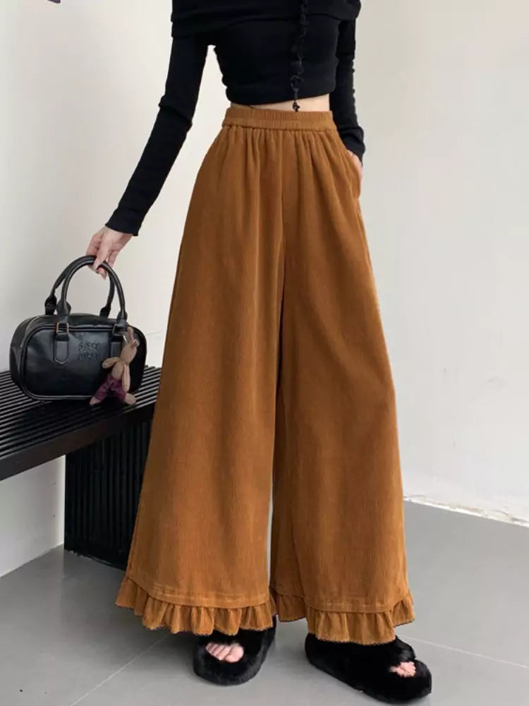 Pantalones anchos de pana rosa con volantes para mujer