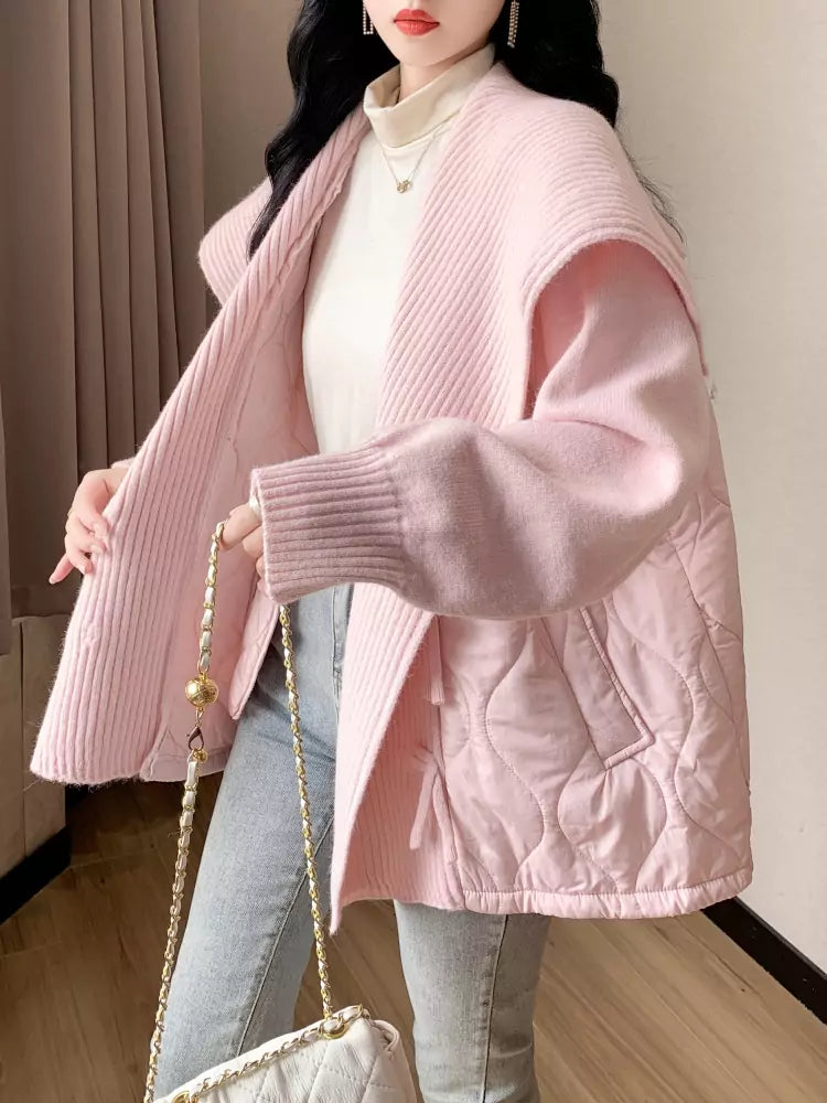 Beige-blaue Strickjacke mit Kragen für Damen