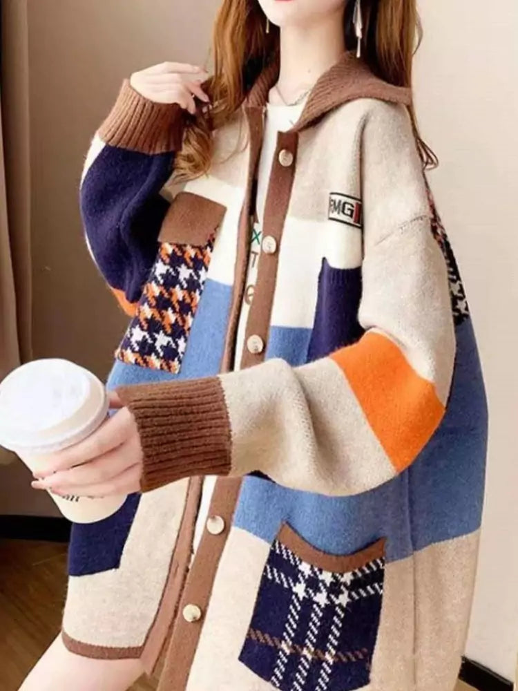 Cárdigan holgado de punto con bloques de color estilo coreano para mujer