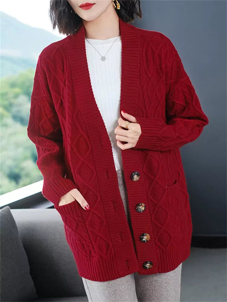 Blauer, grob gestrickter Cardigan für Damen