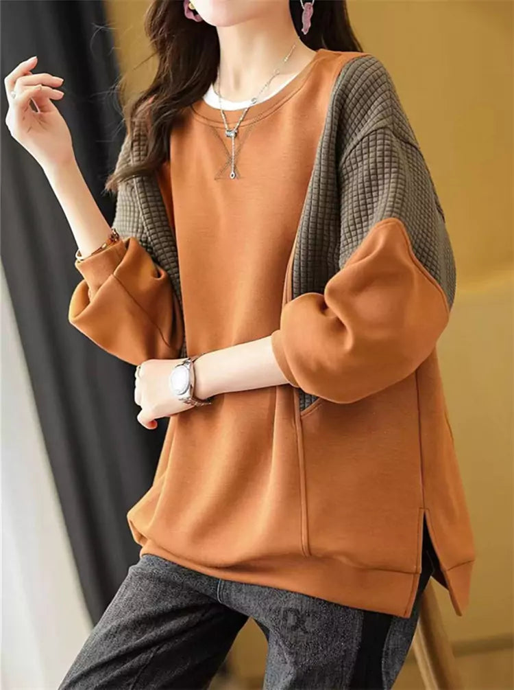 Korean Style Plus Size Color Block Plaid Split Sweatshirt for Women