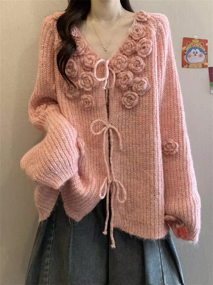 Cárdigan de punto con cuello en V y estampado floral 3D rosa para mujer