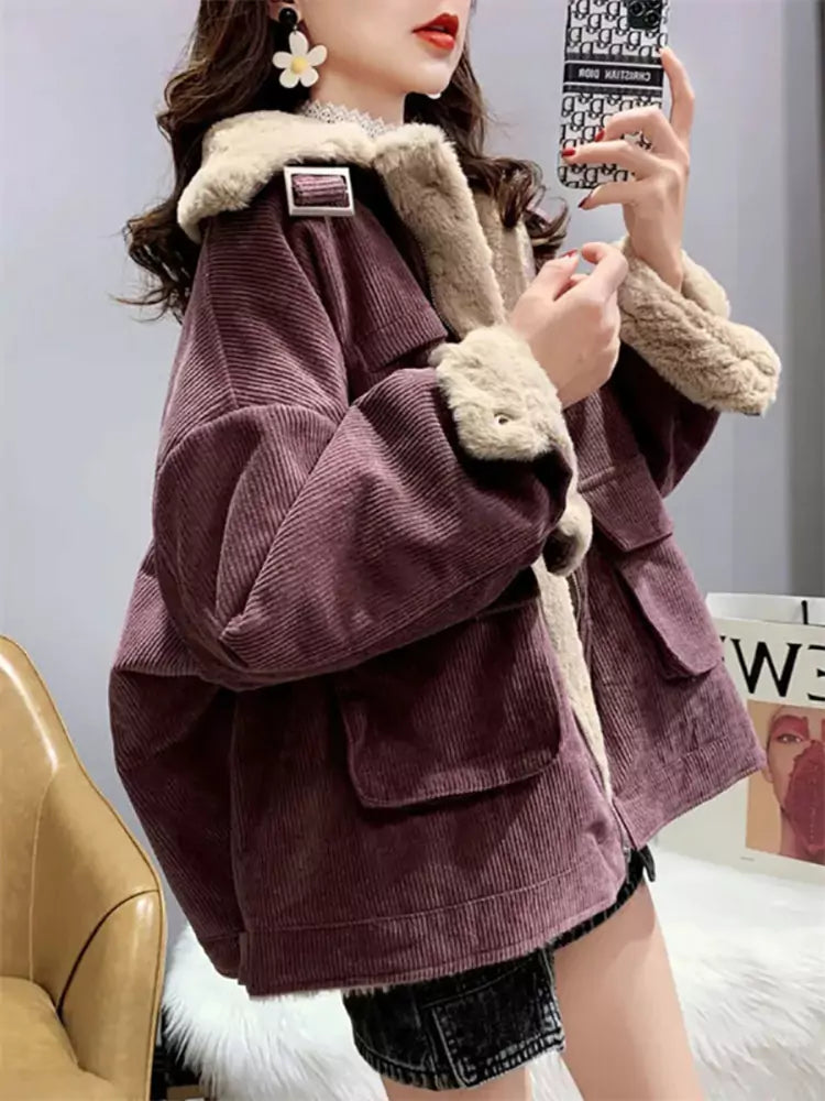 Faux Shearling Corduroy Work Jacket for Women
