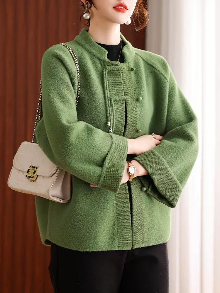 Grüner Stehkragenmantel mit Mandarin-Knopfleiste für Damen